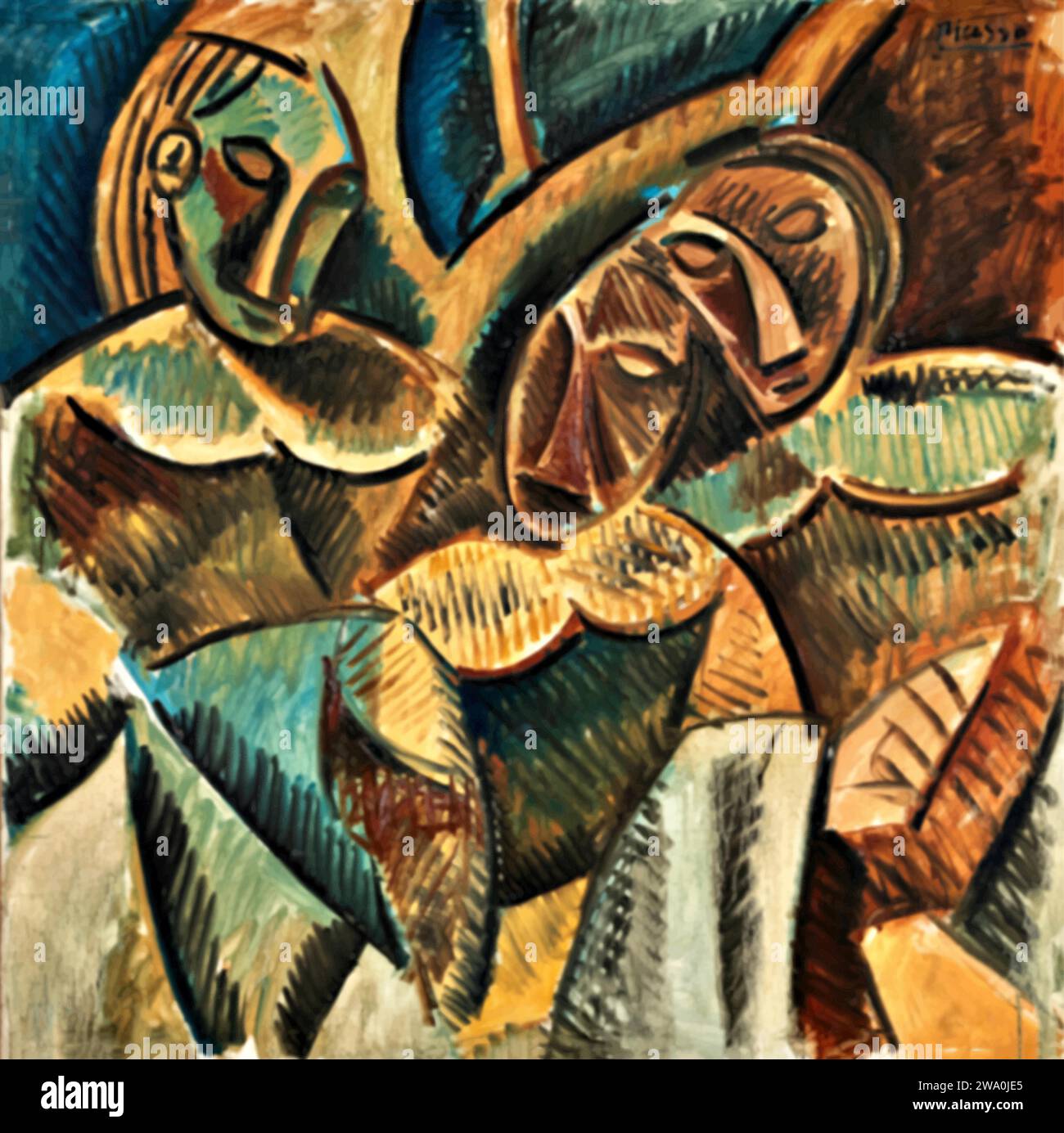 Trois Figures sous un arbre 1908 (Painting) by Artist Picasso, Pablo (1881-1973) Spanish. Stock Vector