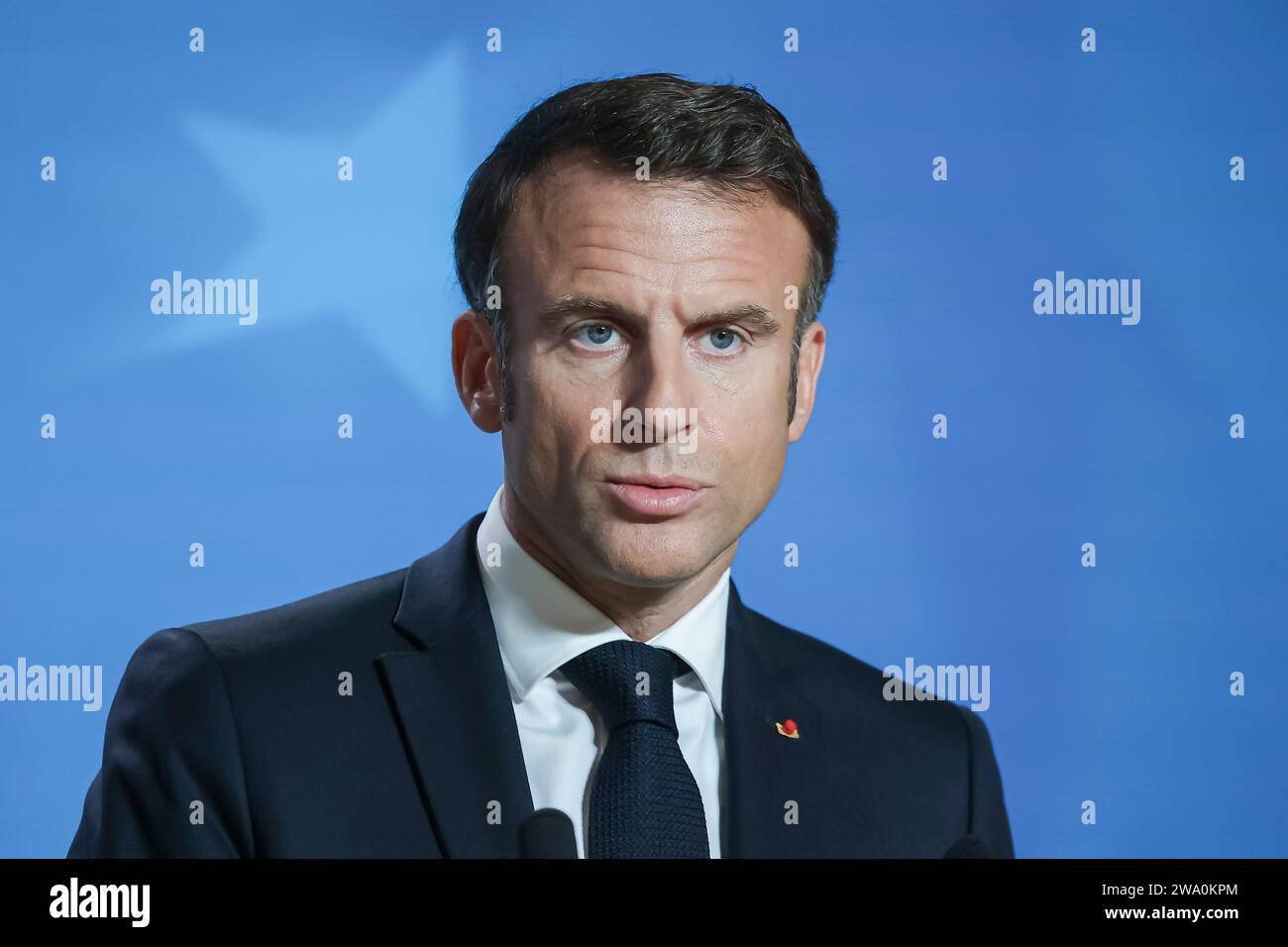 Brussels, Belgium. 27th Oct, 2023. Emmanuel Macron President of France seen at the Press Conference after the European Council Summit in Brussels, Belgium. (Photo by Nik Oiko/SOPA Images/Sipa USA) Credit: Sipa USA/Alamy Live News Stock Photo
