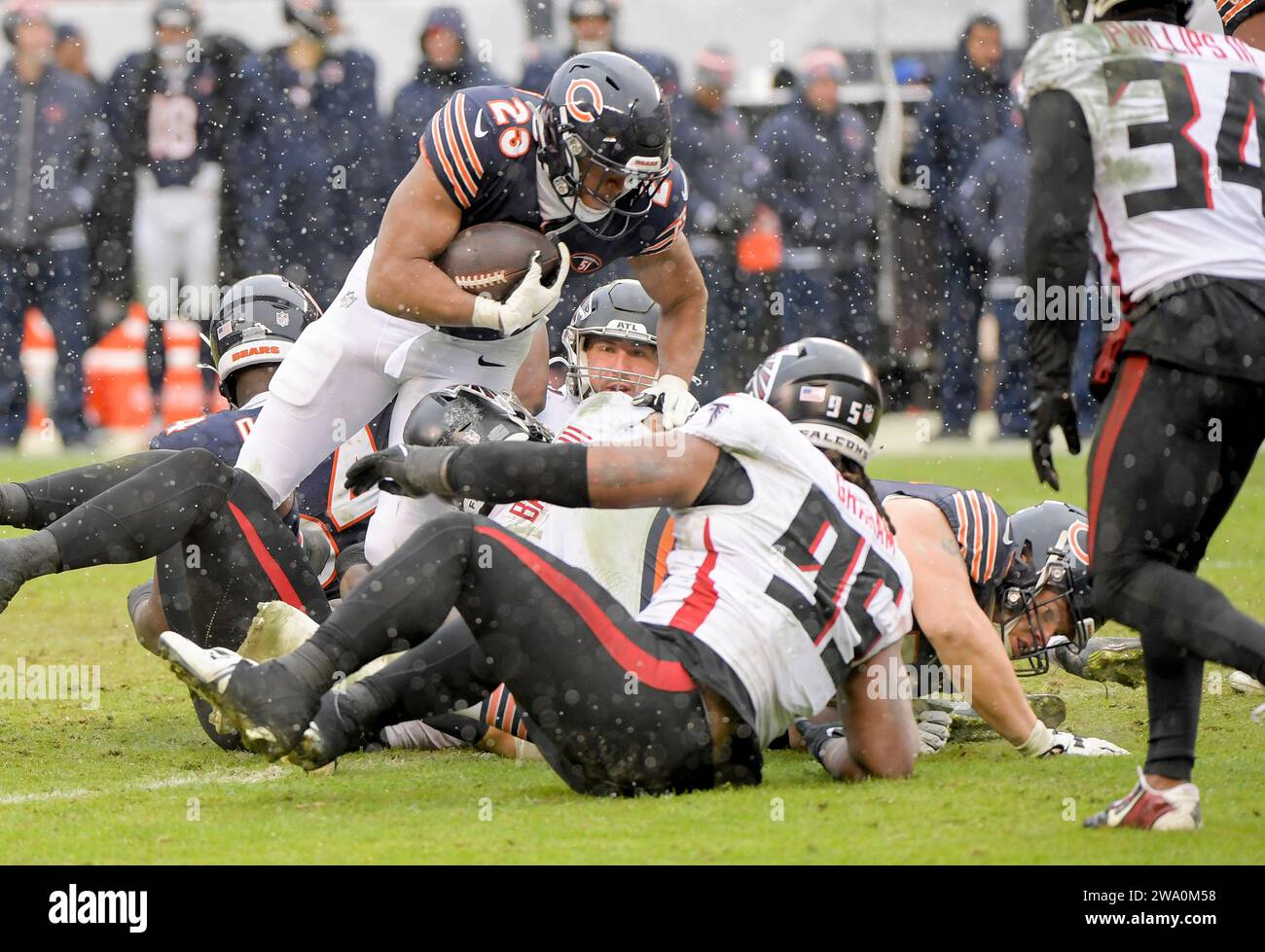 Chicago, United States. 31st Dec, 2023. Chicago Bears running back Roschon Johnson (23) drives of the pile during a game against the Atlanta Falcons at Soldier Field in Chicago on Sunday, December 31, 2023. Bears won 37-17. Photo by Mark Black/UPI Credit: UPI/Alamy Live News Stock Photo