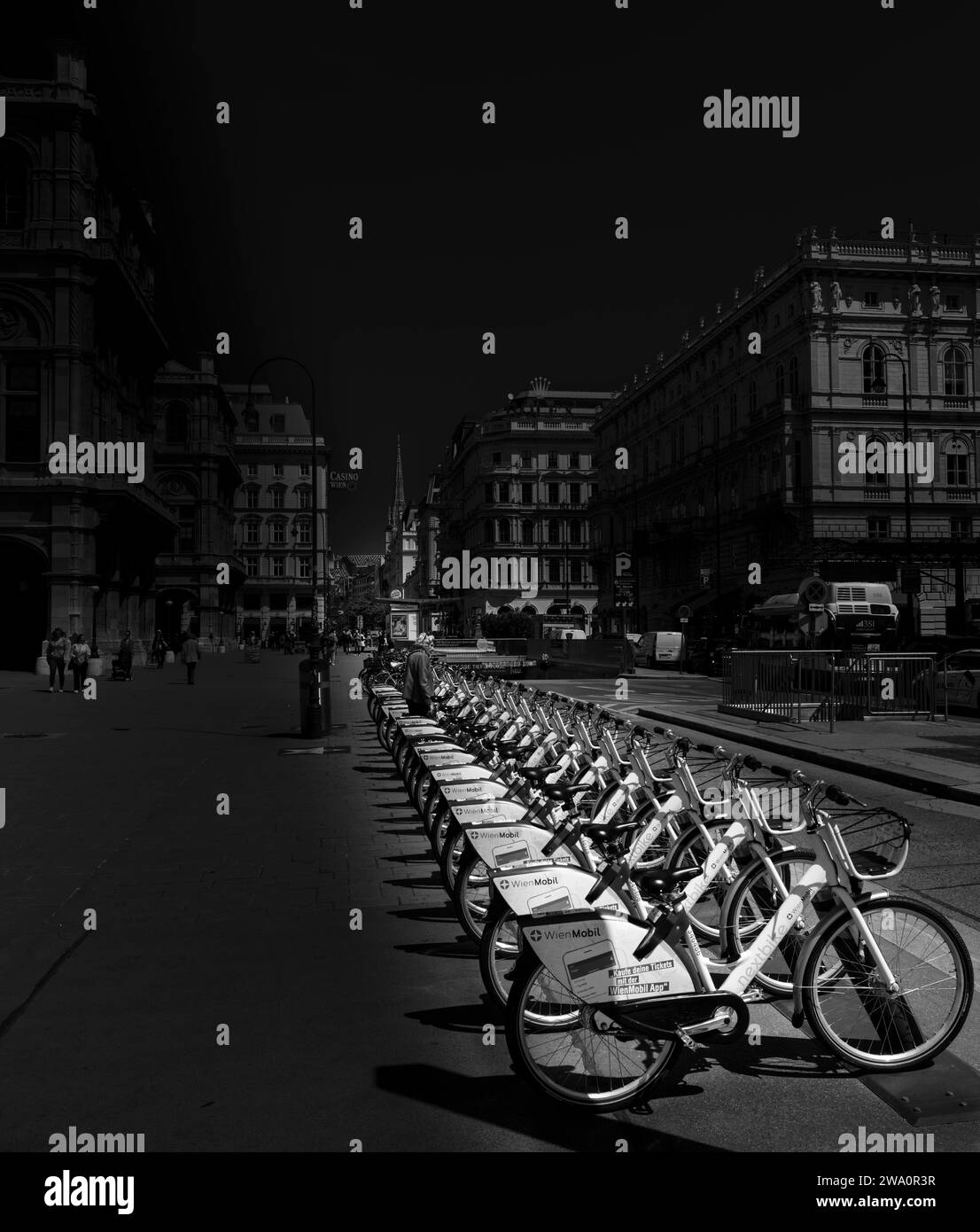 Black and white photography, Wien Mobil, car park for rental bikes, Vienna, Austria, Europe Stock Photo