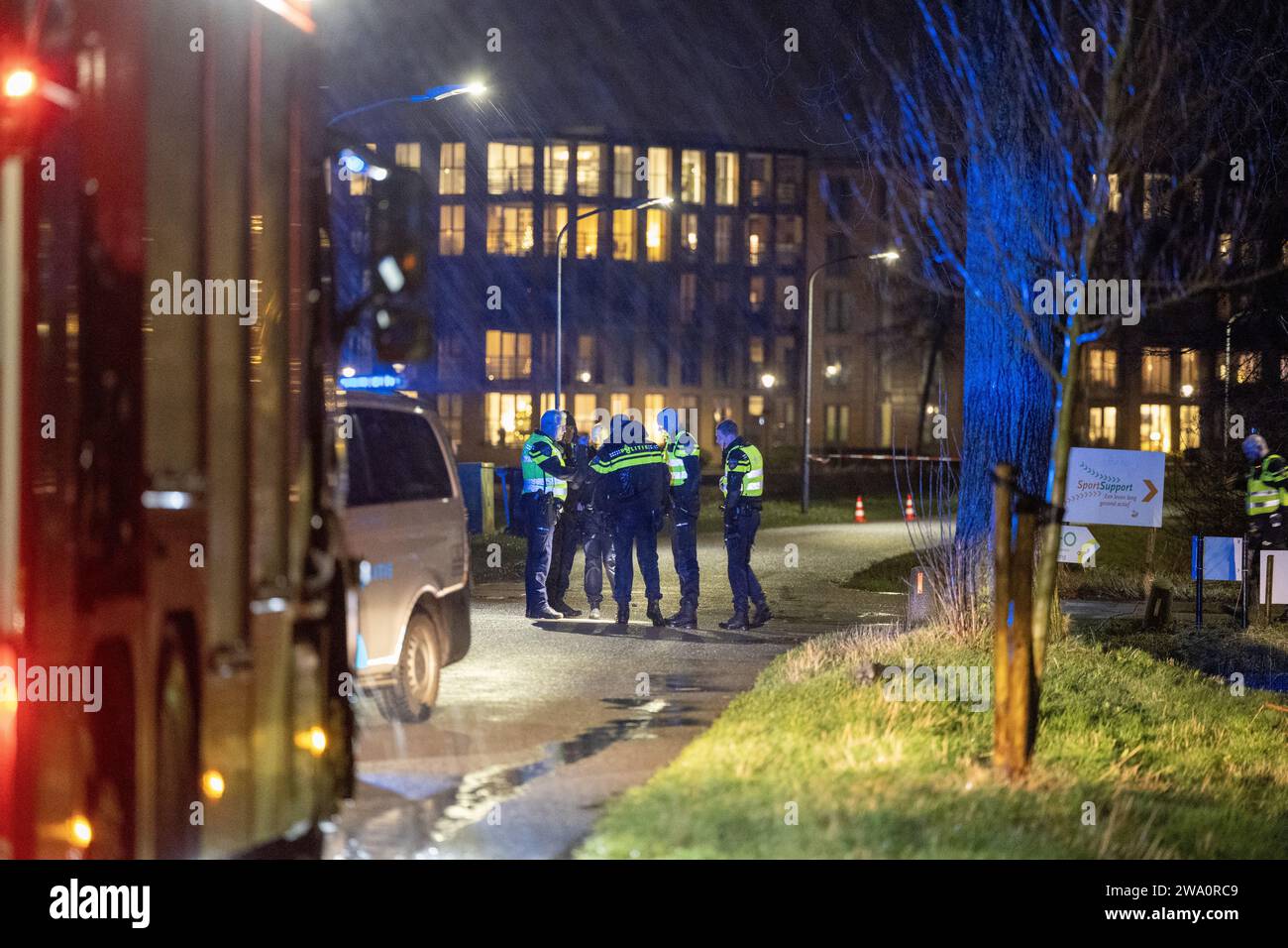 Haarlem - One person was killed in a fireworks incident in Haarlem. The emergency services were called around half past eleven for resuscitation at the Henk van Turnhoutpad near the Noord Schalkwijkerweg. Unfortunately, the assistance was of no avail and the victim died from the injuries. netherlands out - belgium out Stock Photo