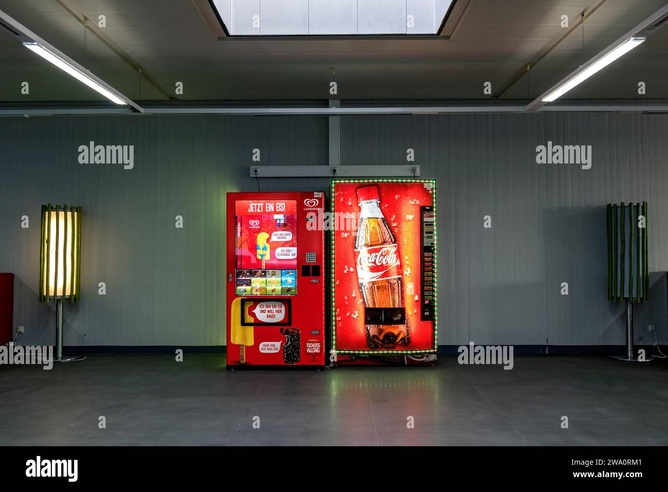 Vending machines for Langnese ice cream and CocaCola soft drinks in a waiting room, Bavaria