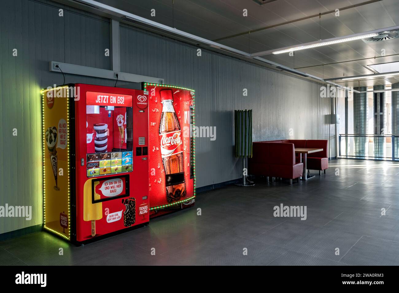 Vending machines for Langnese ice cream and CocaCola soft drinks in a waiting room, Bavaria