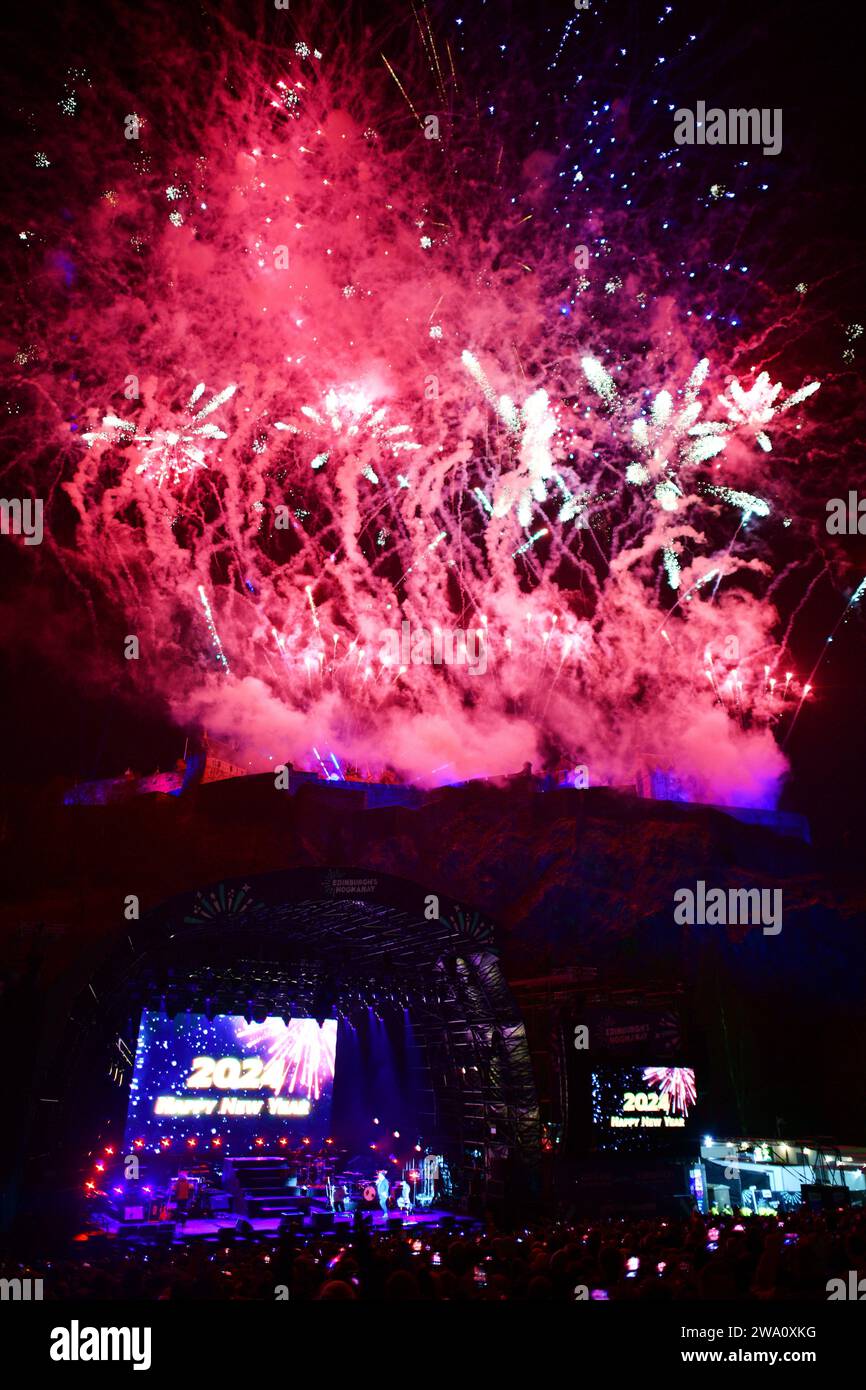 Edinburgh Scotland, UK 01 January 2024. Fireworks over Edinburgh Castle