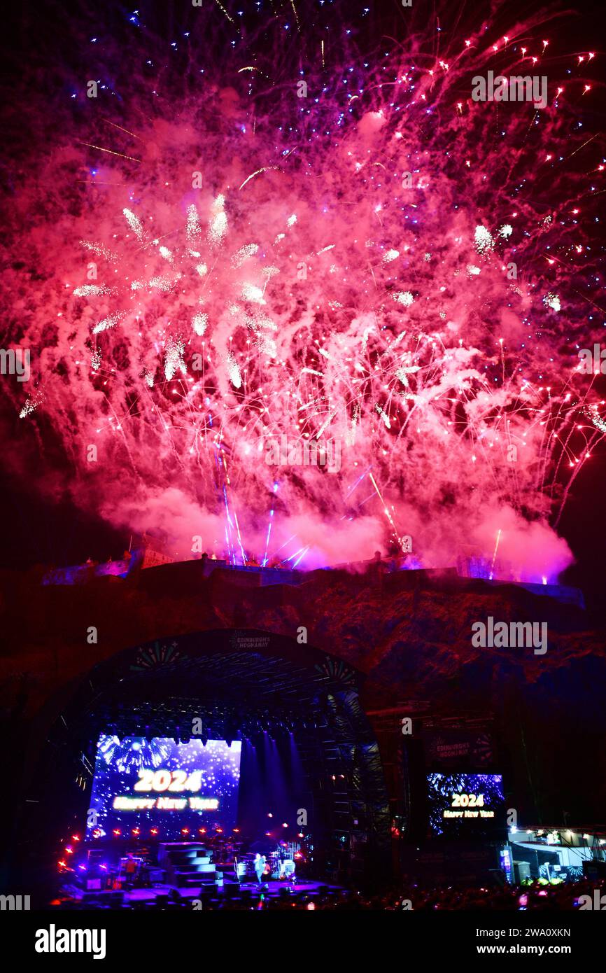 Edinburgh Scotland, UK 01 January 2024. Fireworks over Edinburgh Castle