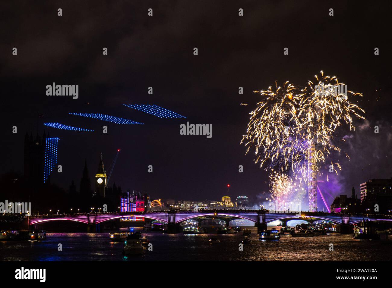 London, England. 1st January, 2025. A view of the London fireworks