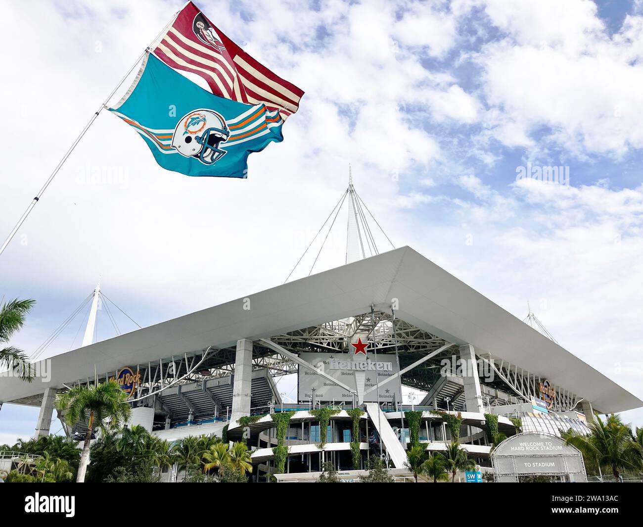 MIAMI, FLORIDA - DECEMBER 30: Team flags for the Miami Dolphins and Florida State Seminoles at the Capital One Orange Bowl football game where the Uni Stock Photo