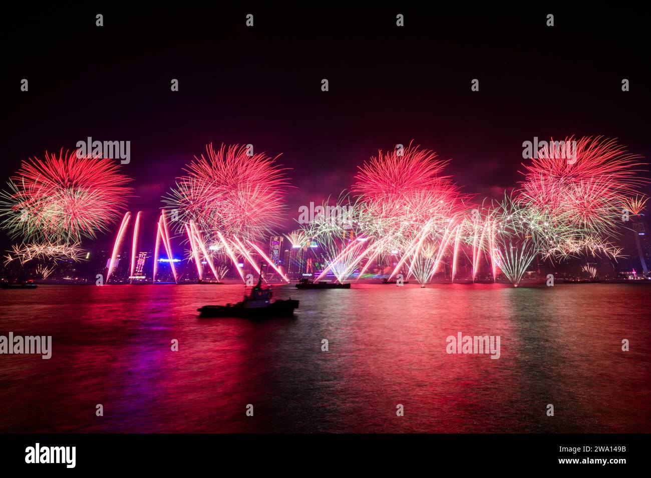 Hong Kong, China. 1st Jan, 2024. Fireworks in celebration of the New