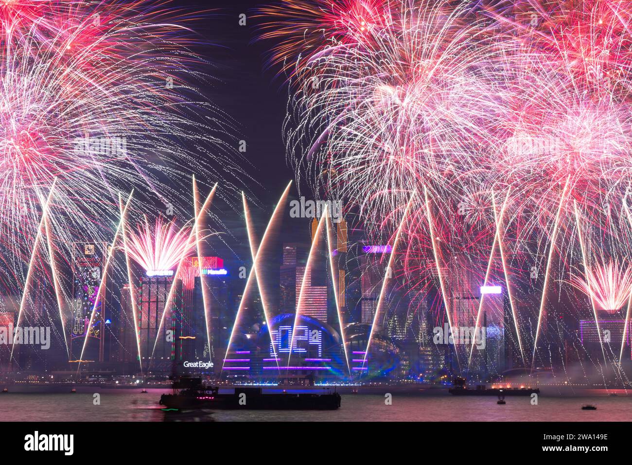Hong Kong, China. 1st Jan, 2024. Fireworks in celebration of the New