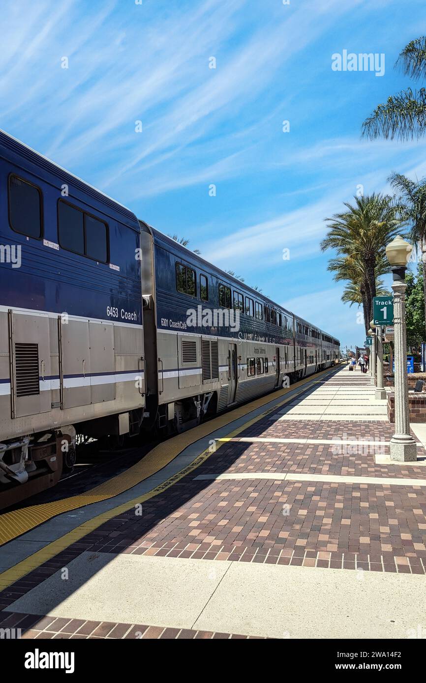 Fullerton, California, USA - April 27, 2021: The Amtrak Pacific Surfliner train at the Fullerton station Stock Photo