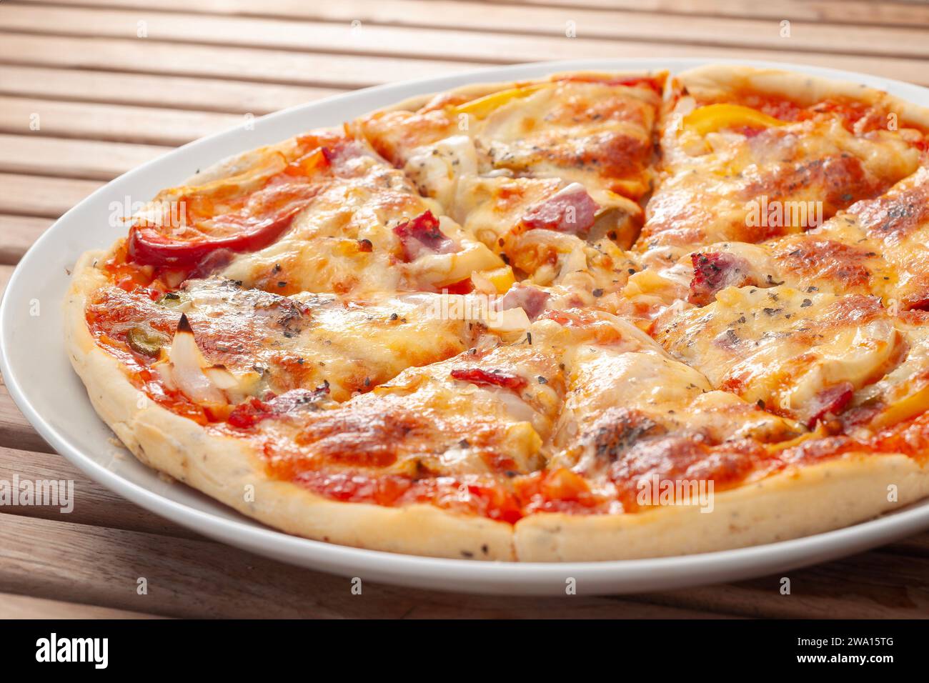 Regular sliced Beef Pizza which is placed on a plate and ready to eat ...