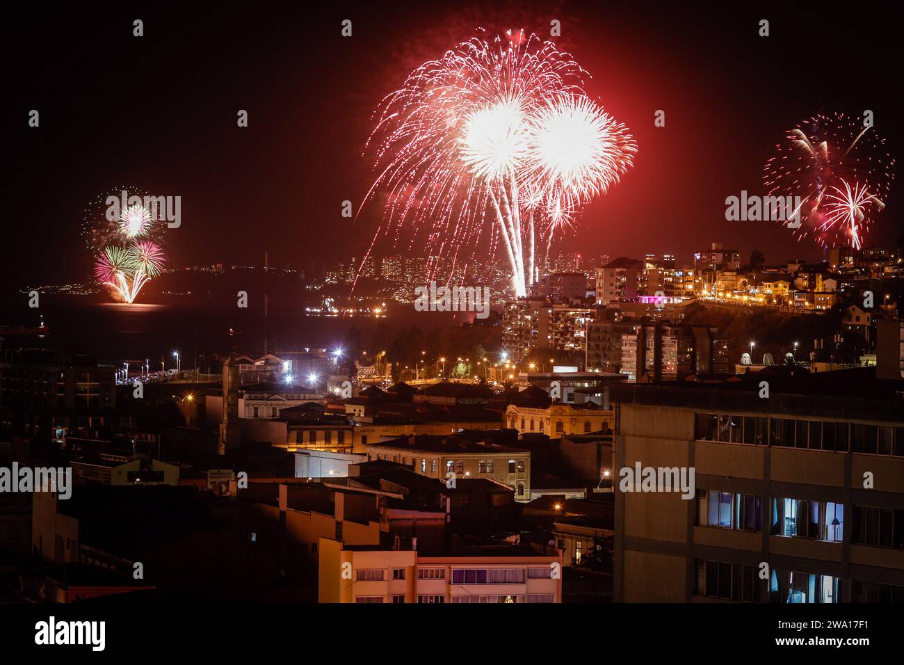 Valparaiso, Chile. 31st Dec, 2023. Fireworks illuminate the coast of