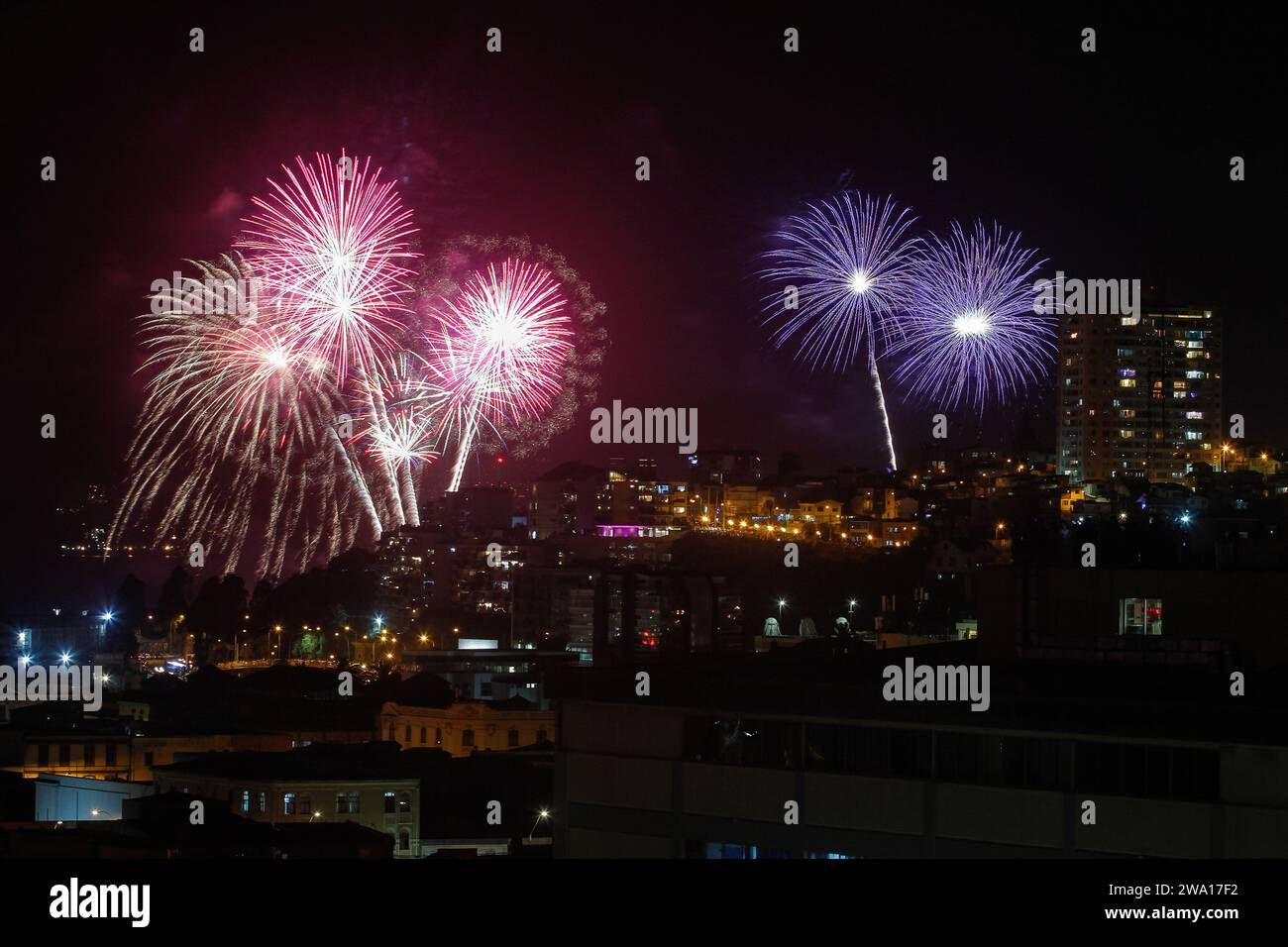 Valparaiso, Chile. 01st Jan, 2024. Fireworks illuminate the coast of