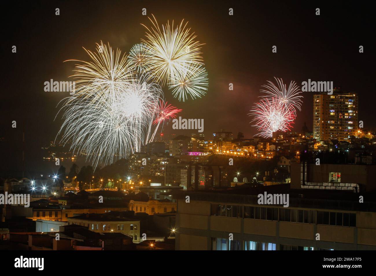 Valparaiso, Chile. 01st Jan, 2024. Fireworks illuminate the coast of