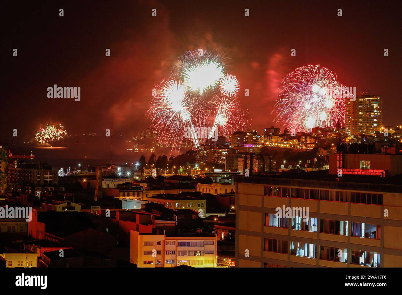 Valparaiso, Chile. 01st Jan, 2024. Fireworks illuminate the coast of