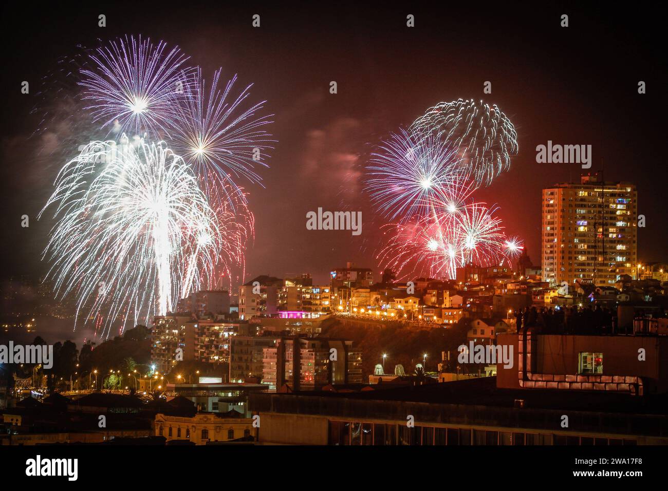 Valparaiso, Chile. 01st Jan, 2024. Fireworks illuminate the coast of