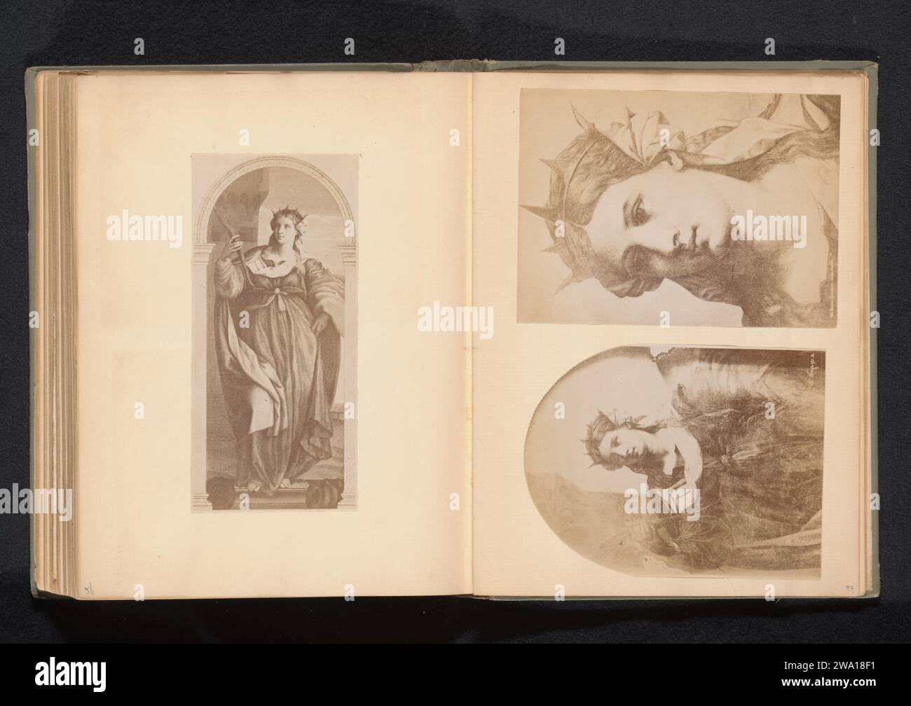 Two photo productions of a painting, representing Saint Barbara, Carlo Naya, after Jacopo Palma (Il Vecchio), c. 1882 - in or before 1887 photograph   photographic support albumen print the virgin martyr Barbara; possible attributes: book, cannon(ball), crown, cross, chalice with wafer, Dioscuros (her father), peacock feather, sword, torches, mason's tools, tower Stock Photo