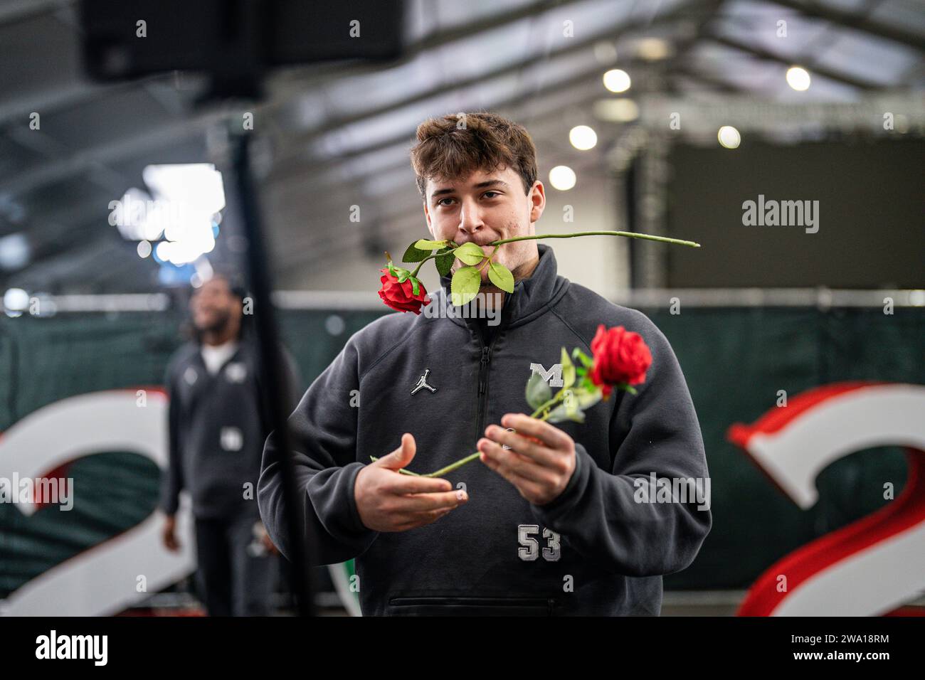Michigan Wolverines linebacker Liam Groulx during the Rose Bowl Media Day between the Alabama Crimson Tide and Michigan Wolverines, Saturday, December Stock Photo