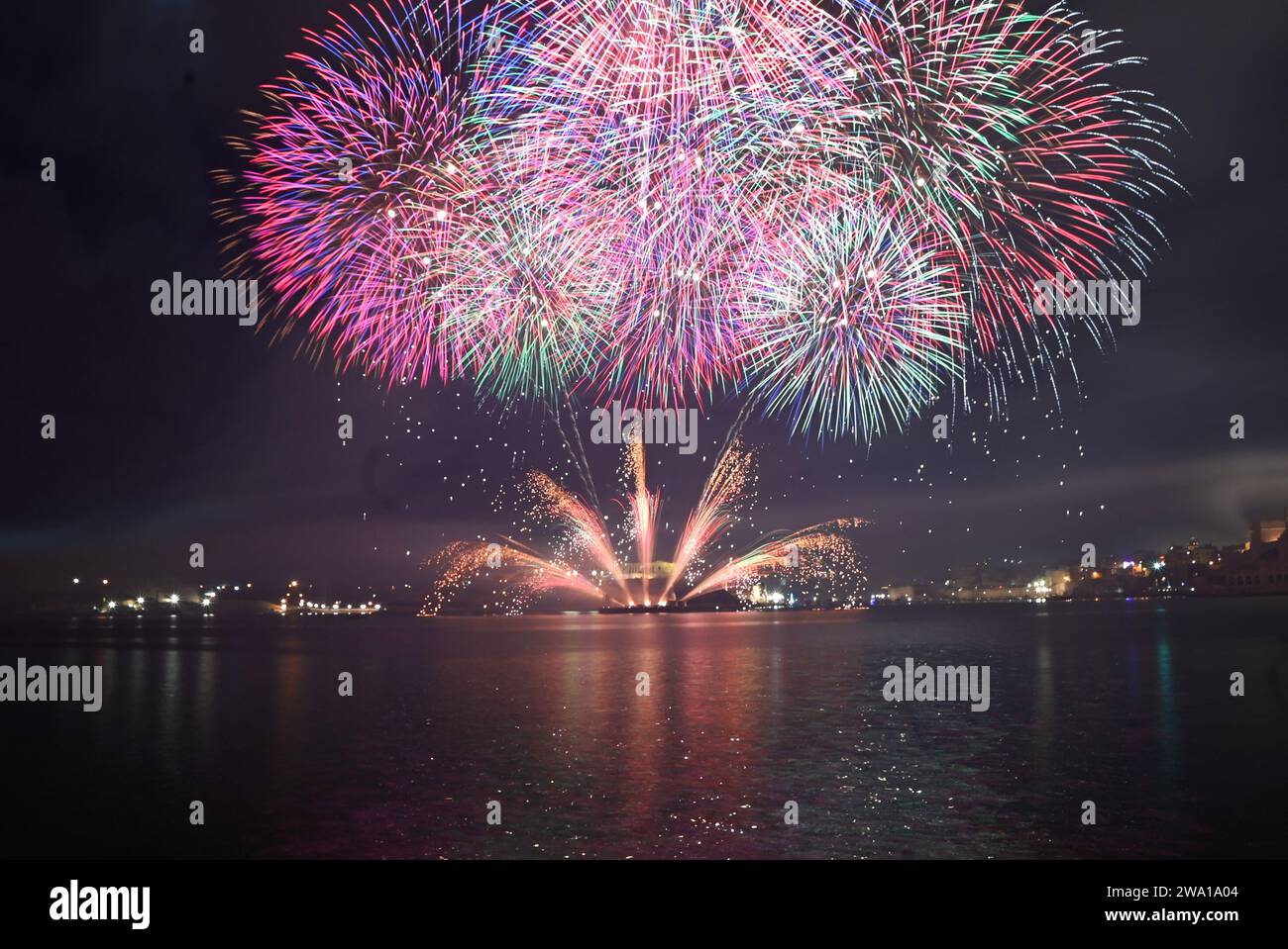 Valletta. 1st Jan, 2024. Fireworks celebrating the New Year are seen in