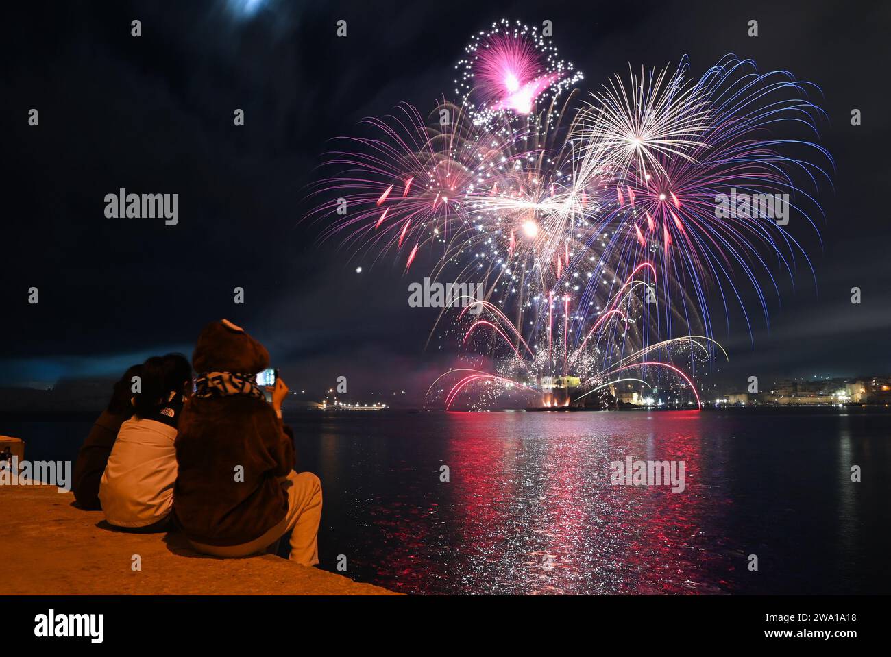 Valletta. 1st Jan, 2024. Fireworks celebrating the New Year are seen in