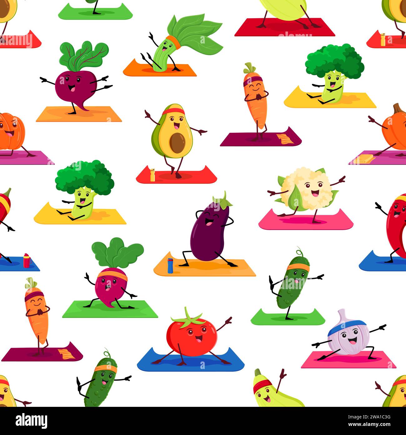 Cartoon vegetable characters on yoga seamless pattern background ...