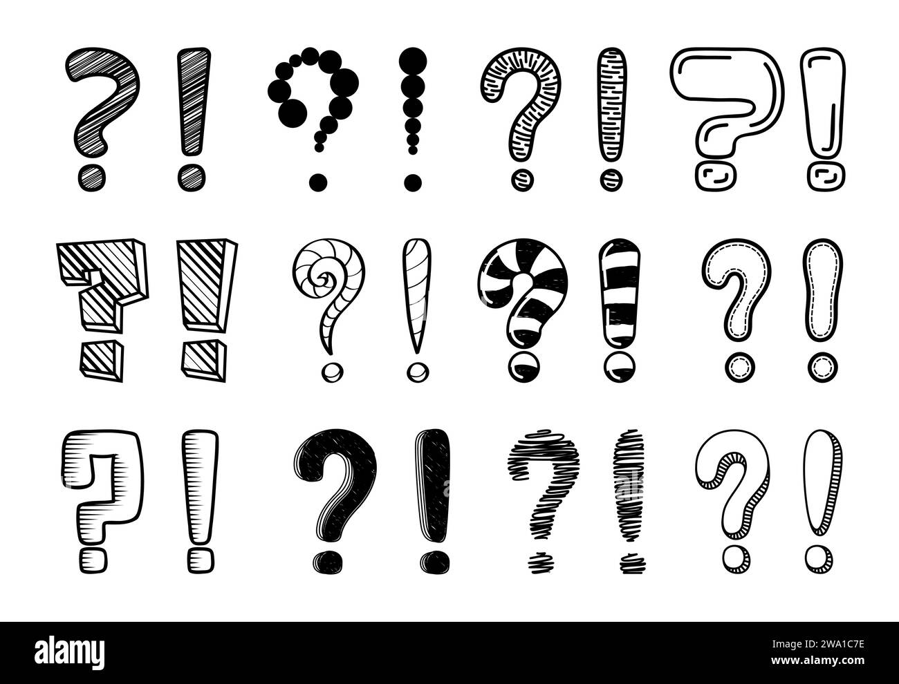 Doodle question and exclamation marks. Vector set of punctuation signs