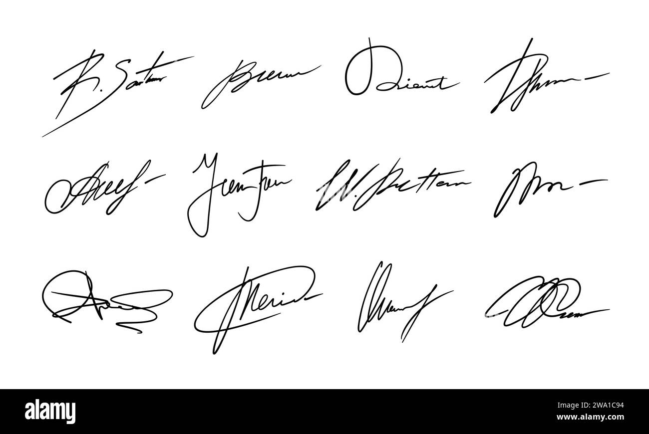 Autograph or signature pack. Isolated vector set of the unique, personal marks representing identity or approval, serve as distinctive symbols, embodying personality and validating document or artwork Stock Vector
