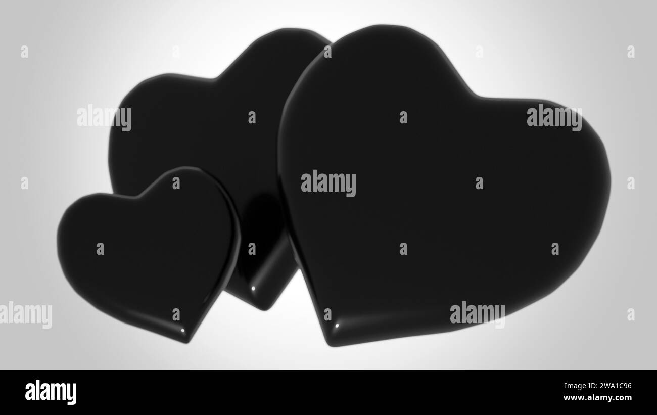 3D rendering of black hearts of various sizes floating in front of a