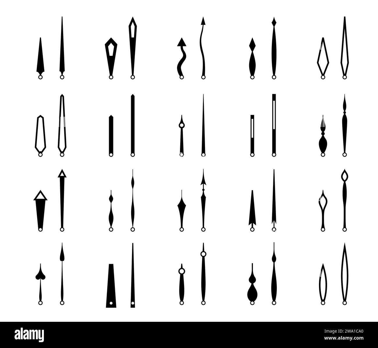 Clock hands, isolated watch arrows and time pointers. Monochrome vector