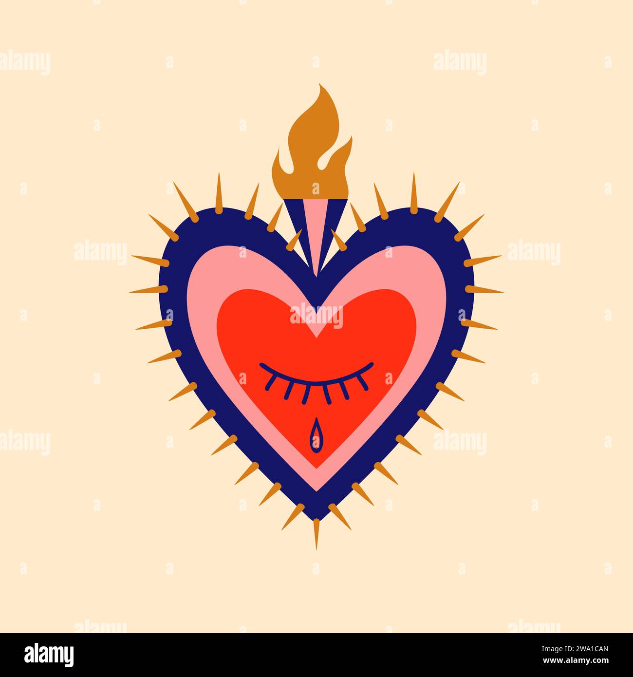 Mexican sacred heart with thorns vintage tattoo. Mexico decoration, Christian religion love tattoo or patch. God heart spiritual vector symbol or apparel print with flame, spikes and crying eye Stock Vector