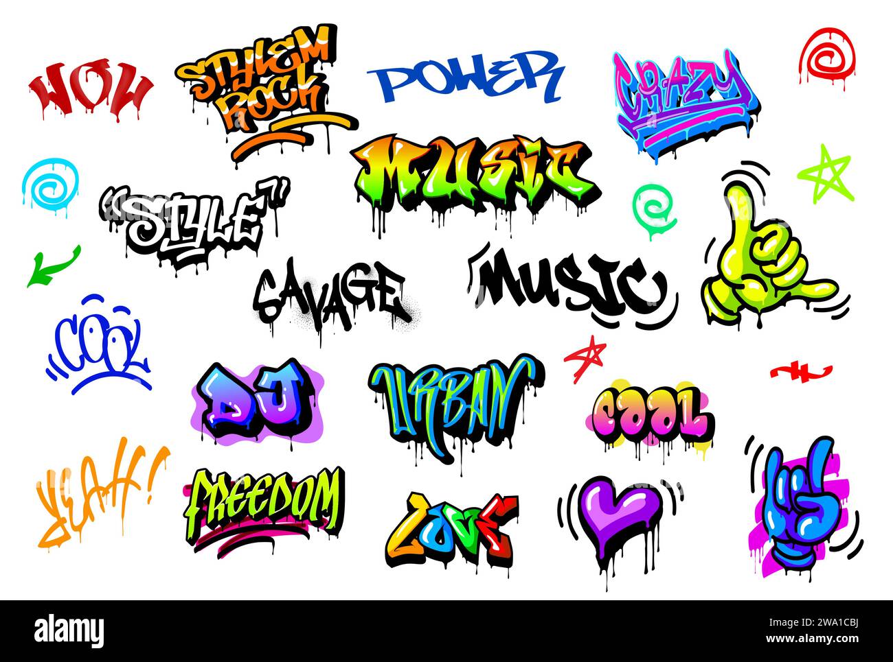 Graffiti street art, urban style wall writings, tags and drawings. Grunge graffiti tags set of cool, love, dj and yeah, freedom, music and crazy, spray paint stars, arrows, rock and shaka hand signs Stock Vector