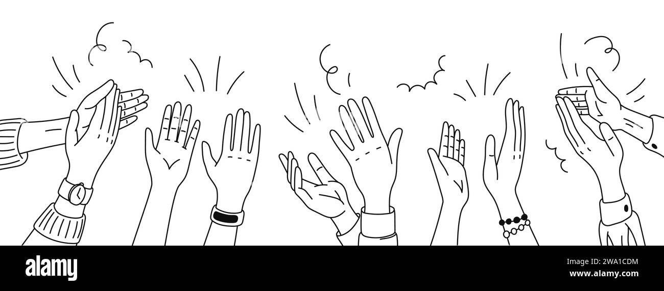 Monochrome doodle applause hands silhouettes, isolated vector linear raised clapping arms in joyous applauding, symbol of appreciation and celebration. An expression of approval and support Stock Vector