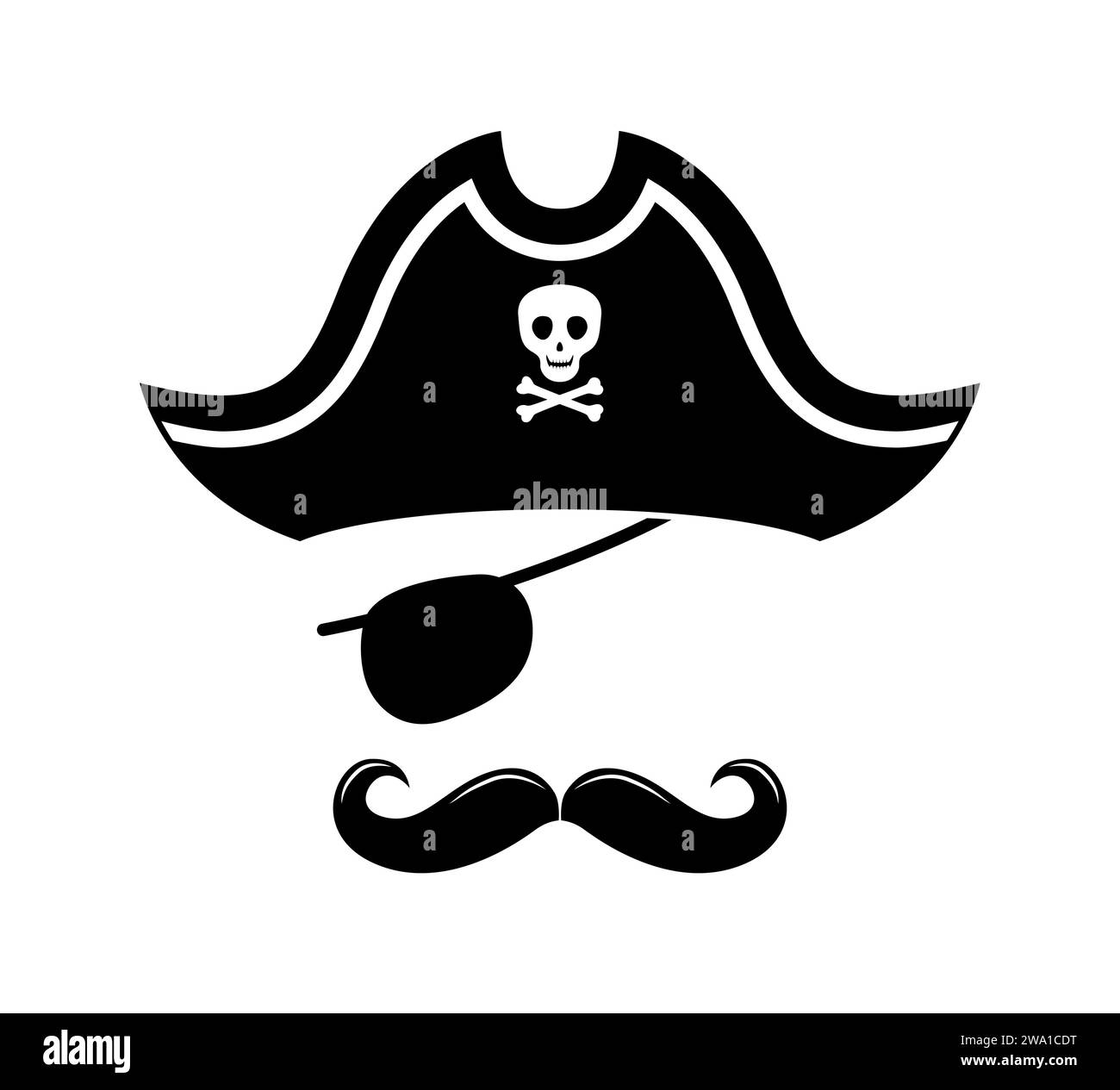 Pirate photo booth mask with black tricorn and eye patch. Isolated vector captain sailor face complete with an eyepatch, mustaches, and cocked hat, adding swashbuckling charm to any costume ensemble Stock Vector