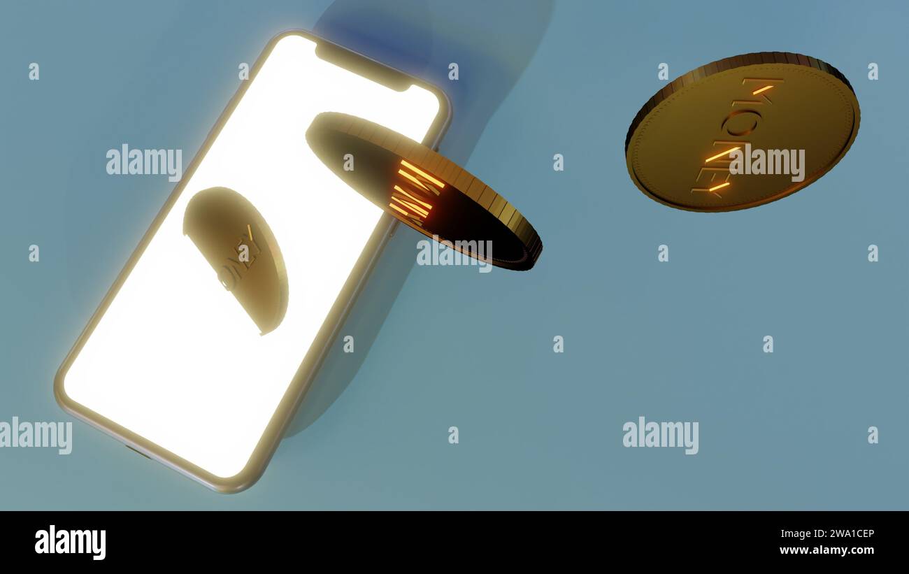 A 3D animation of coins transfering through a smartphones as a symbol of digital banking Stock Photo