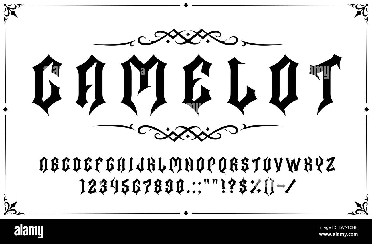 Gothic font, retro medieval type, vintage tattoo typeface, antique English alphabet. Vector latin european letters in style of past centuries. Symbols, numbers and signs for monogram and calligraphy Stock Vector