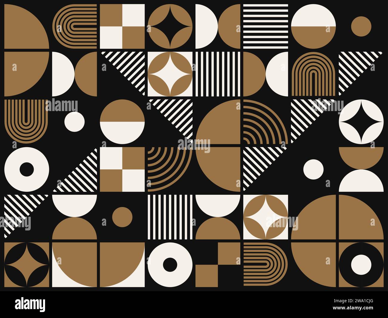 Modern golden, black and white abstract geometric Bauhaus pattern, vector background. Bauhaus, Swiss or modern Scandinavian pattern with simple geometric shapes or black and gold color elements Stock Vector