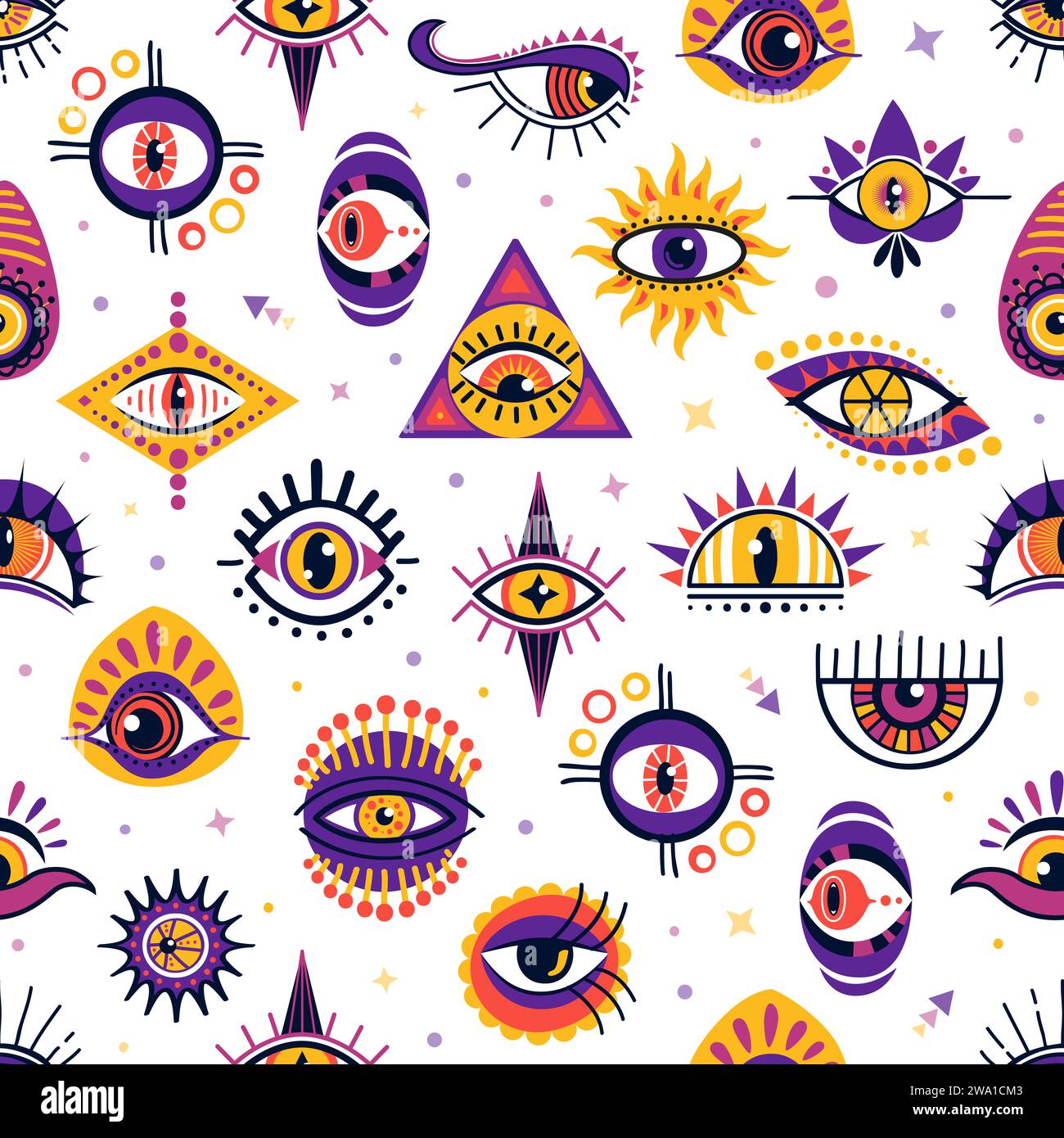 Magical witchcraft eyes seamless pattern background, vector esoteric and occult magic symbols. Witchcraft magic pattern of cartoon of Horus eye and Egypt pyramid, mystery amulets and clairvoyant eyes Stock Vector