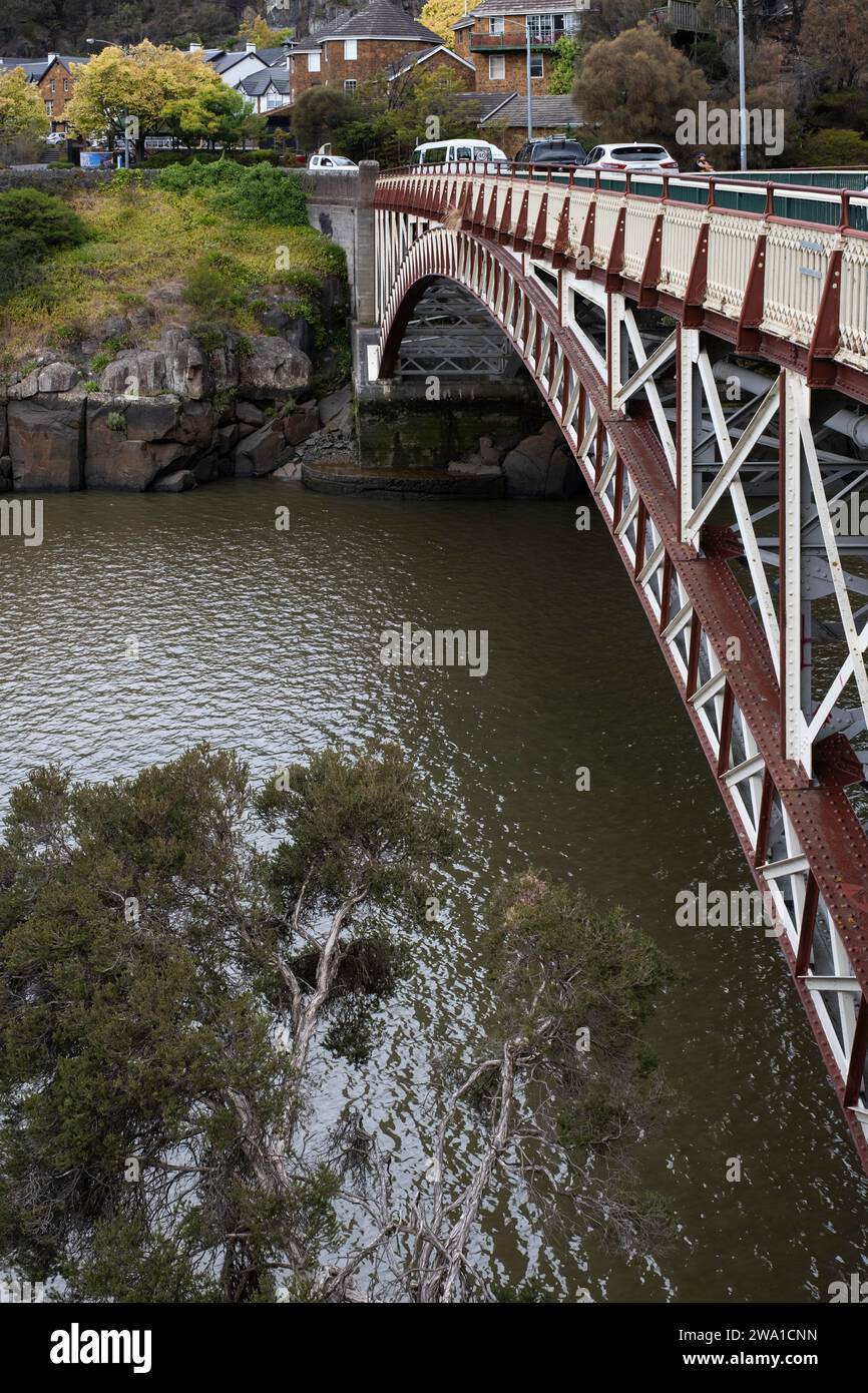 Oblique view of Cataract Gorge bridge at the lower section of the South Esk River in the city of Launceston in Tasmania Stock Photo