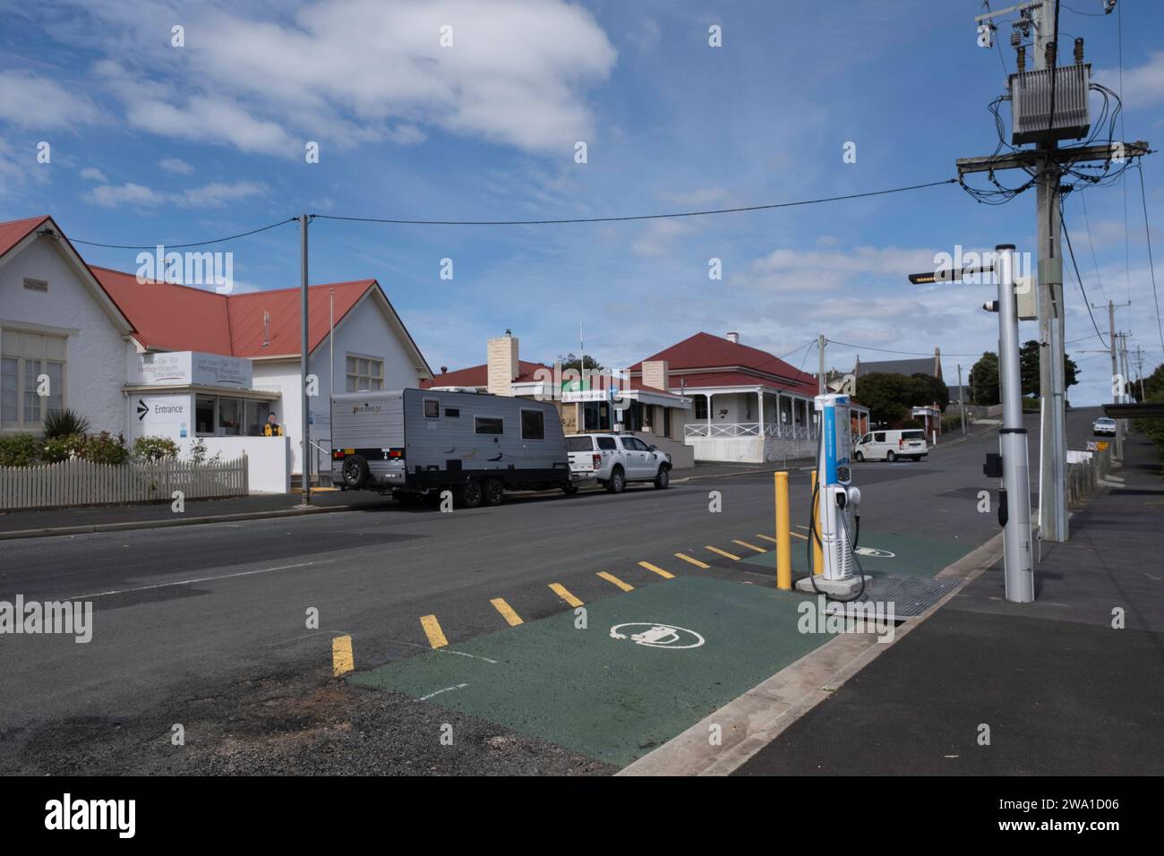 Modern ev car fast charging station on a street in Swansea, Tasmania, Australia. Sustainable