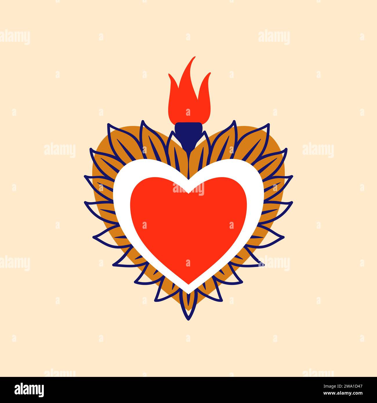 Mexican sacred Jesus heart retro sticker. Mexican God heart , Christian religion spiritual apparel print or Mexico sacred vector symbol. Latin America love tattoo or patch with fire and leaves Stock Vector