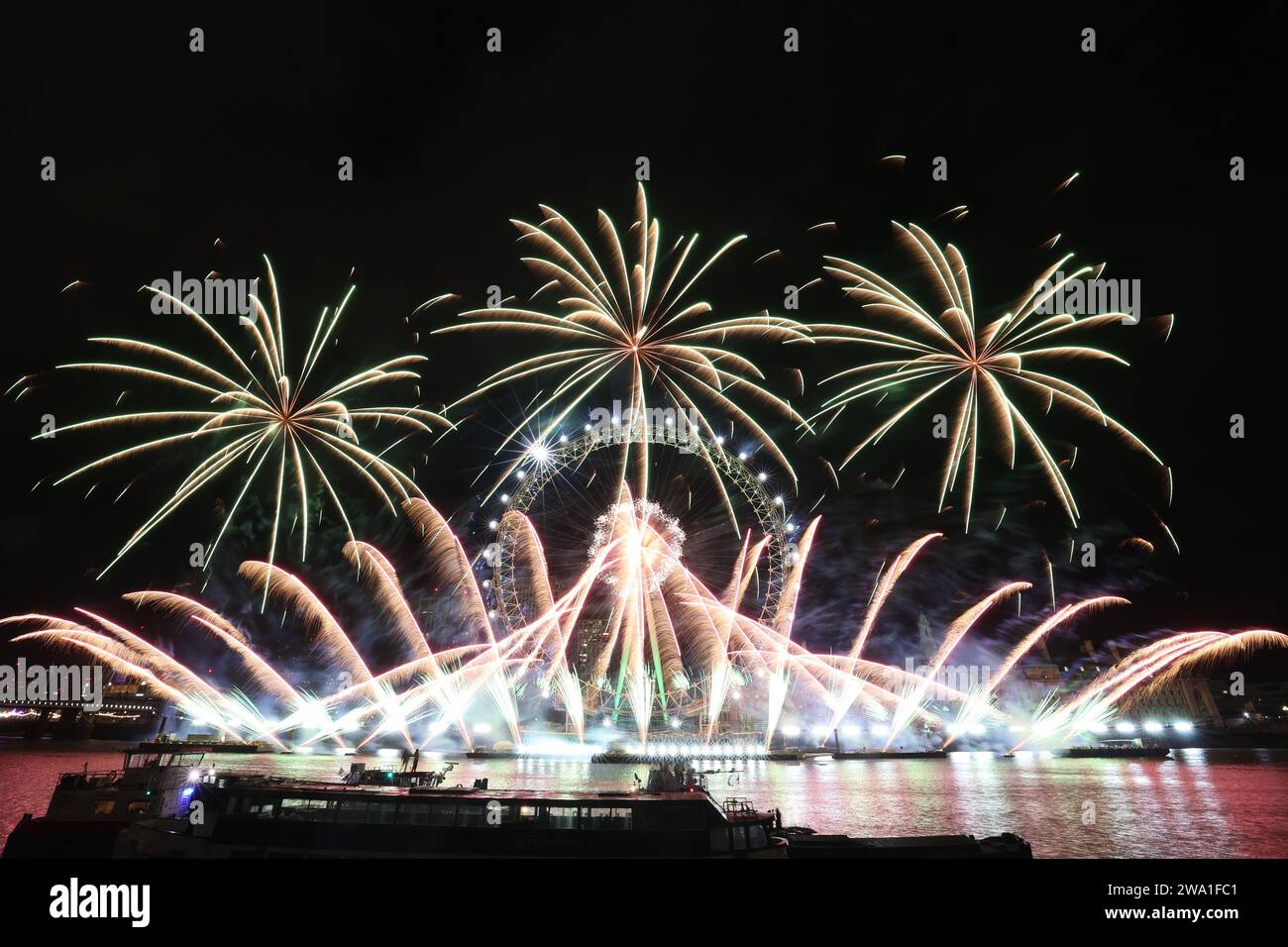 New Years firework display London 2024 at The London Eye on The River