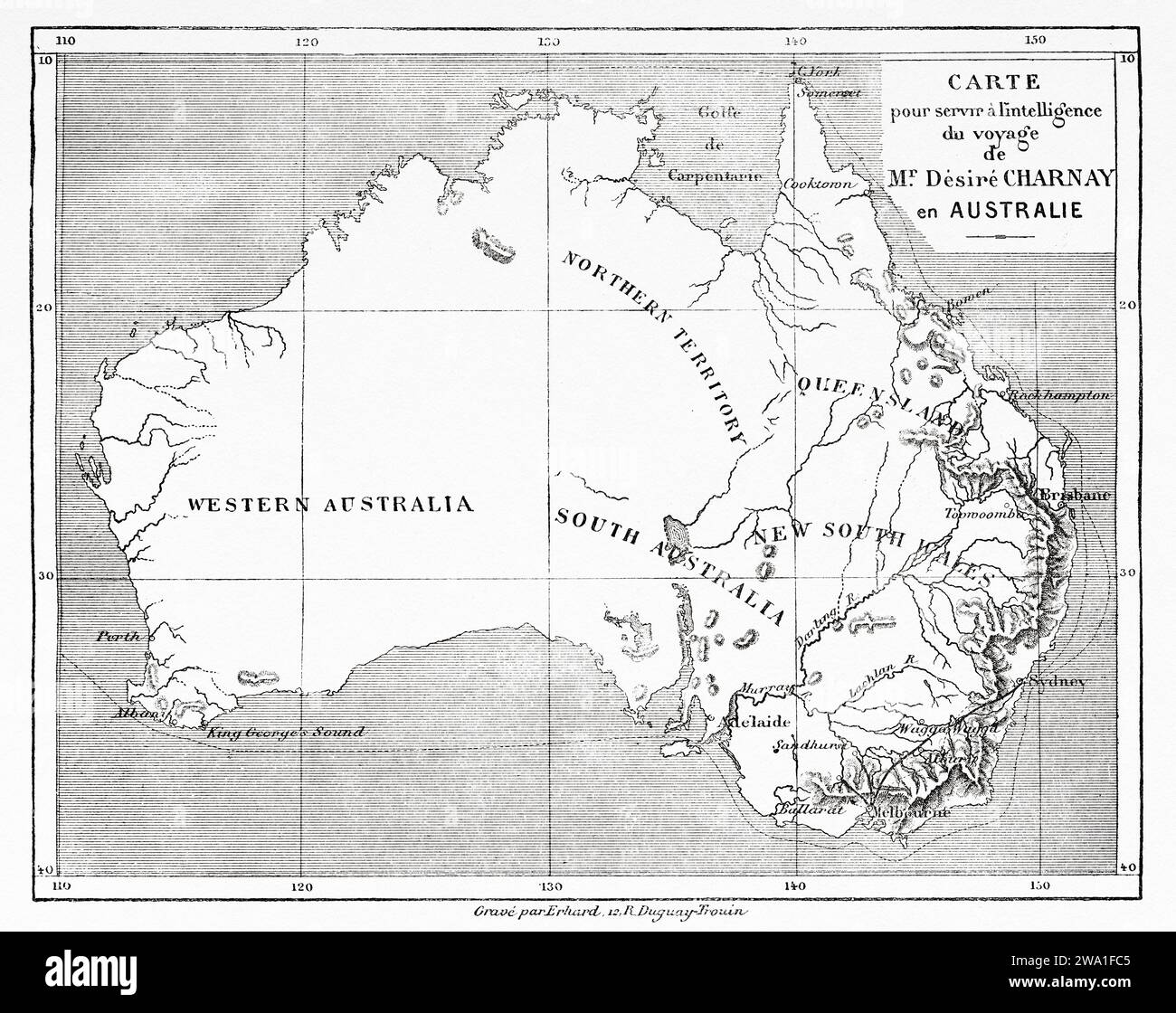 Old map of Australia from 1880. Australia. Six Months in Australia 1878 by Desire Charnay (1828 - 1915) Old 19th century engraving from Le Tour du Monde 1880 Stock Photo