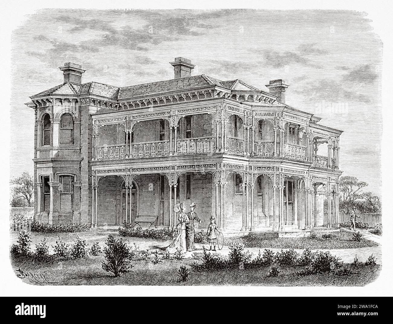 Old colonial house near Melbourne. Victoria, Australia. Six Months in Australia 1878 by Desire Charnay (1828 - 1915) Old 19th century engraving from Le Tour du Monde 1880 Stock Photo