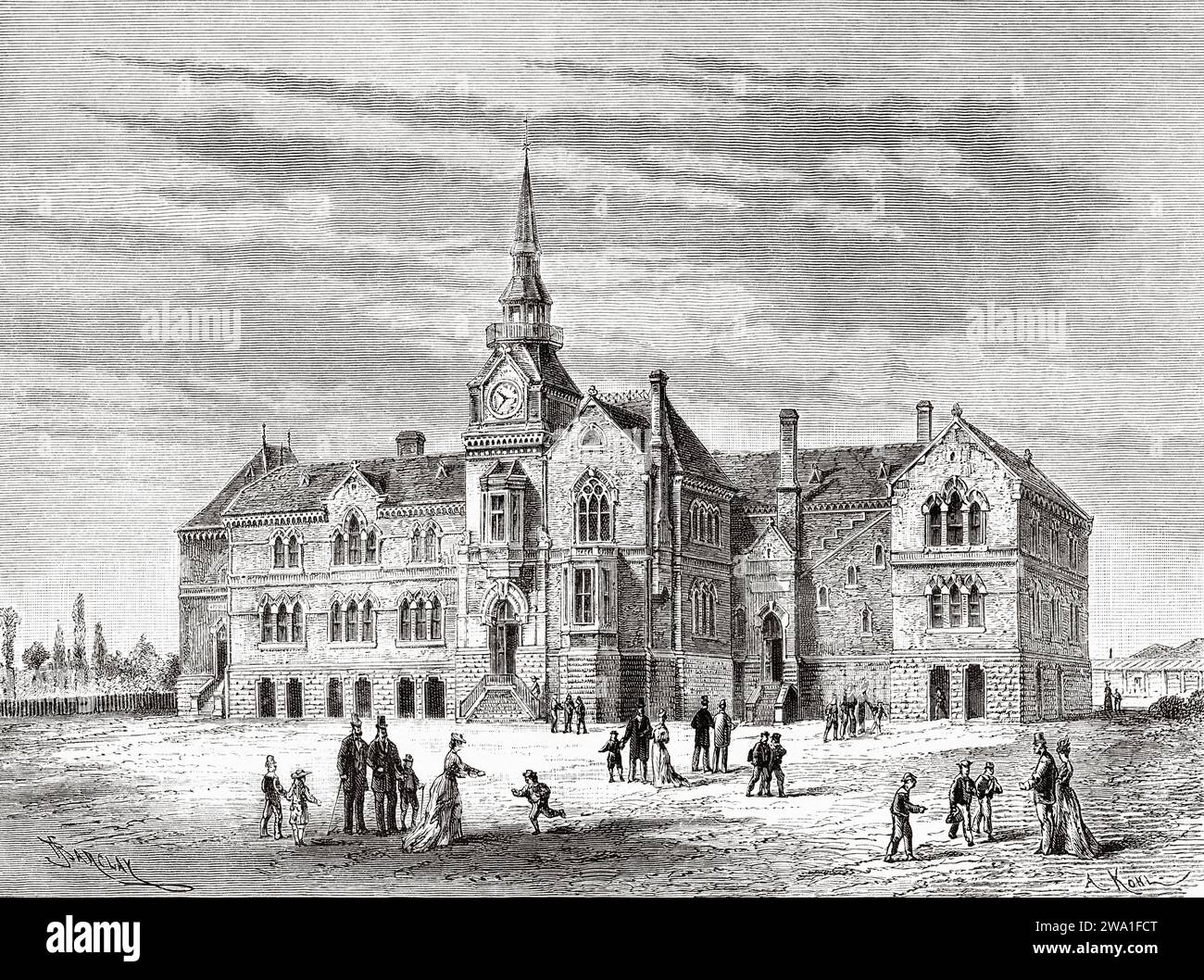 A public school in Melbourne. Victoria, Australia. Six Months in Australia 1878 by Desire Charnay (1828 - 1915) Old 19th century engraving from Le Tour du Monde 1880 Stock Photo