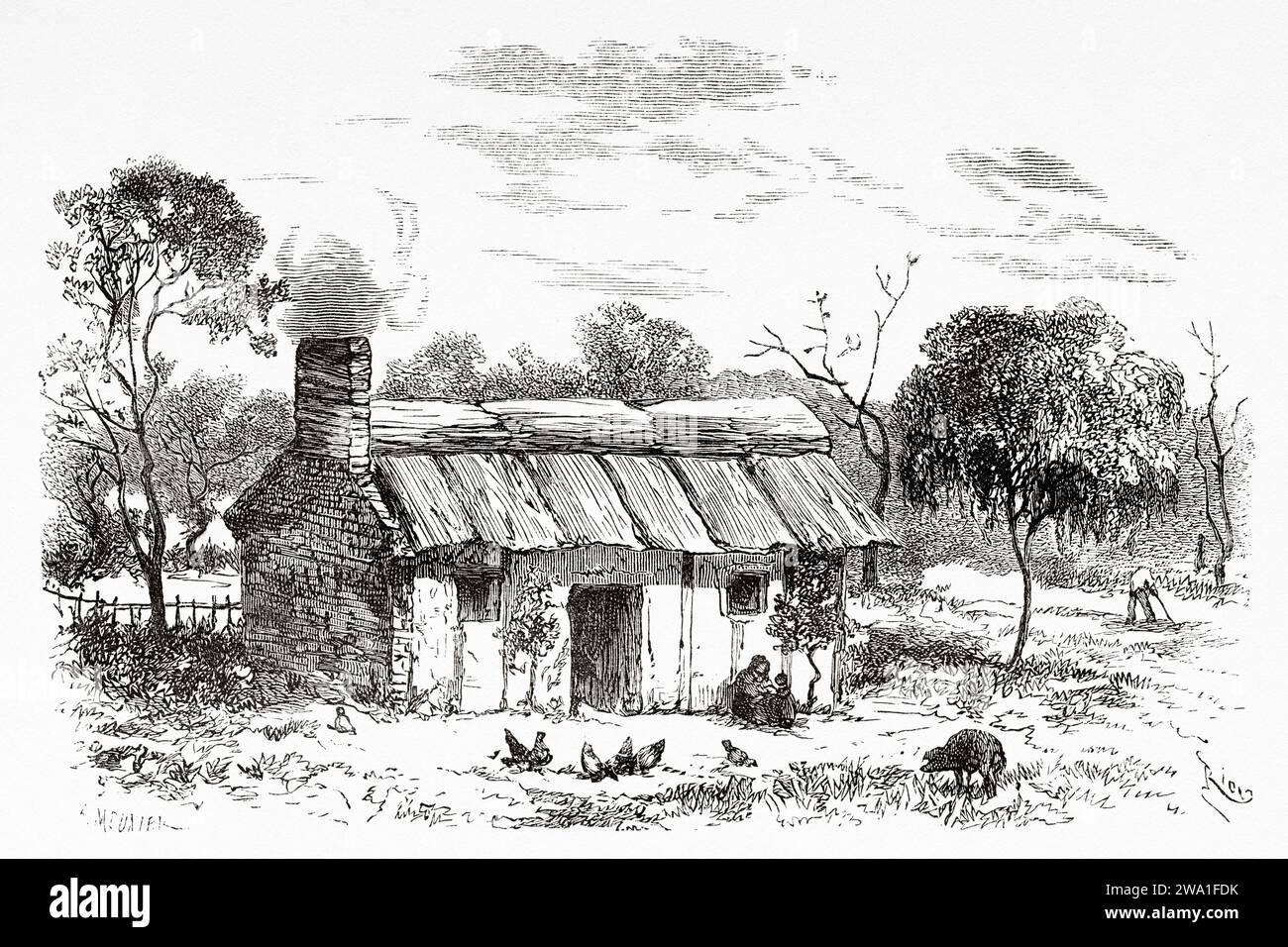 Cabin of a new farmer settler, Bendigo. Victoria, Australia. Six Months in Australia 1878 by Desire Charnay (1828 - 1915) Old 19th century engraving from Le Tour du Monde 1880 Stock Photo