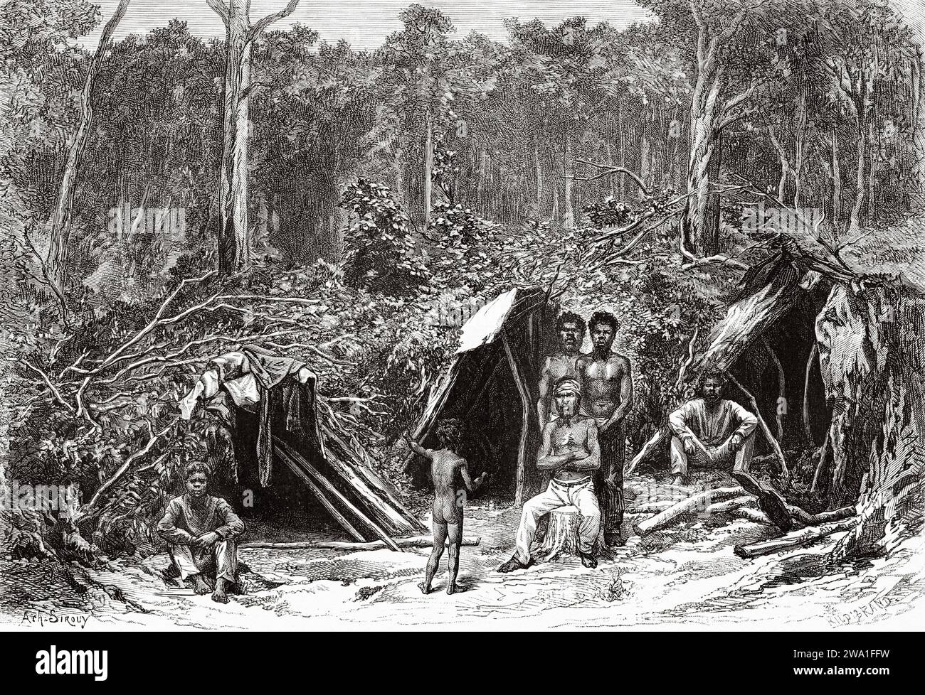 Australian native aboriginal men and women camp. Queensland, Australia. Six Months in Australia 1878 by Desire Charnay (1828 - 1915) Old 19th century engraving from Le Tour du Monde 1880 Stock Photo