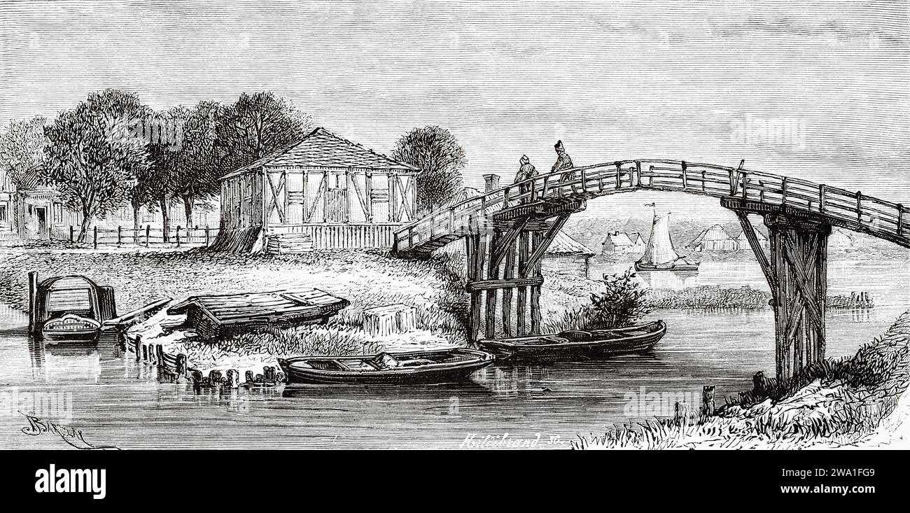 Traditional dutch wooden house and old bridge in Zaanse Schans, Holland. Europe. Netherlands 1878 by Charles de Coster (1827 - 1879) Old 19th century engraving from Le Tour du Monde 1880 Stock Photo