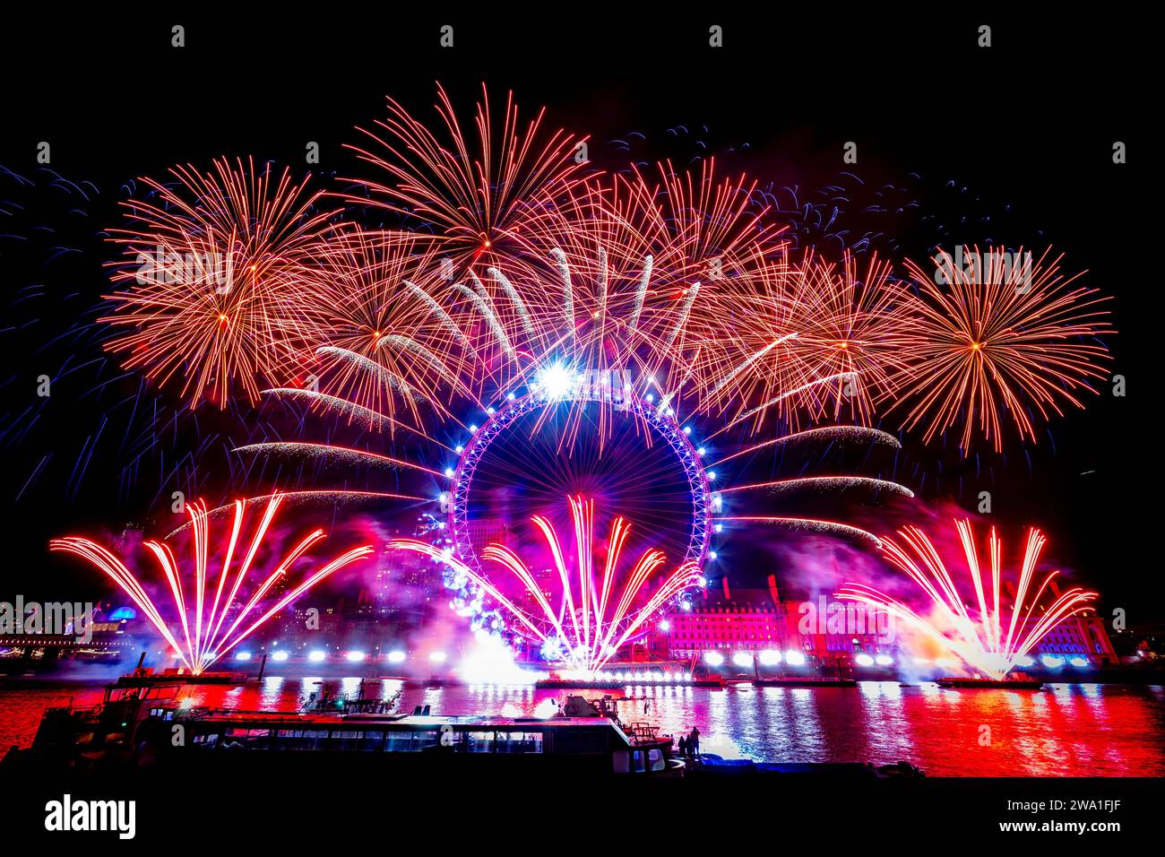 New Years firework display London 2024 at The London Eye on The River