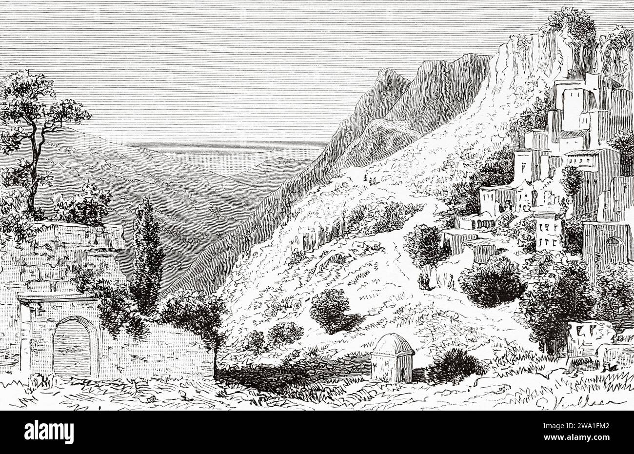 The Belen Pass, known in antiquity as the Syrian Gates is a pass through the Nur Mountains located in the Belen District of Hatay Province in south-central Turkey. Travel to Syria 1875-1878 by Charles Louis Lortet (1836 - 1909) Old 19th century engraving from Le Tour du Monde 1880 Stock Photo