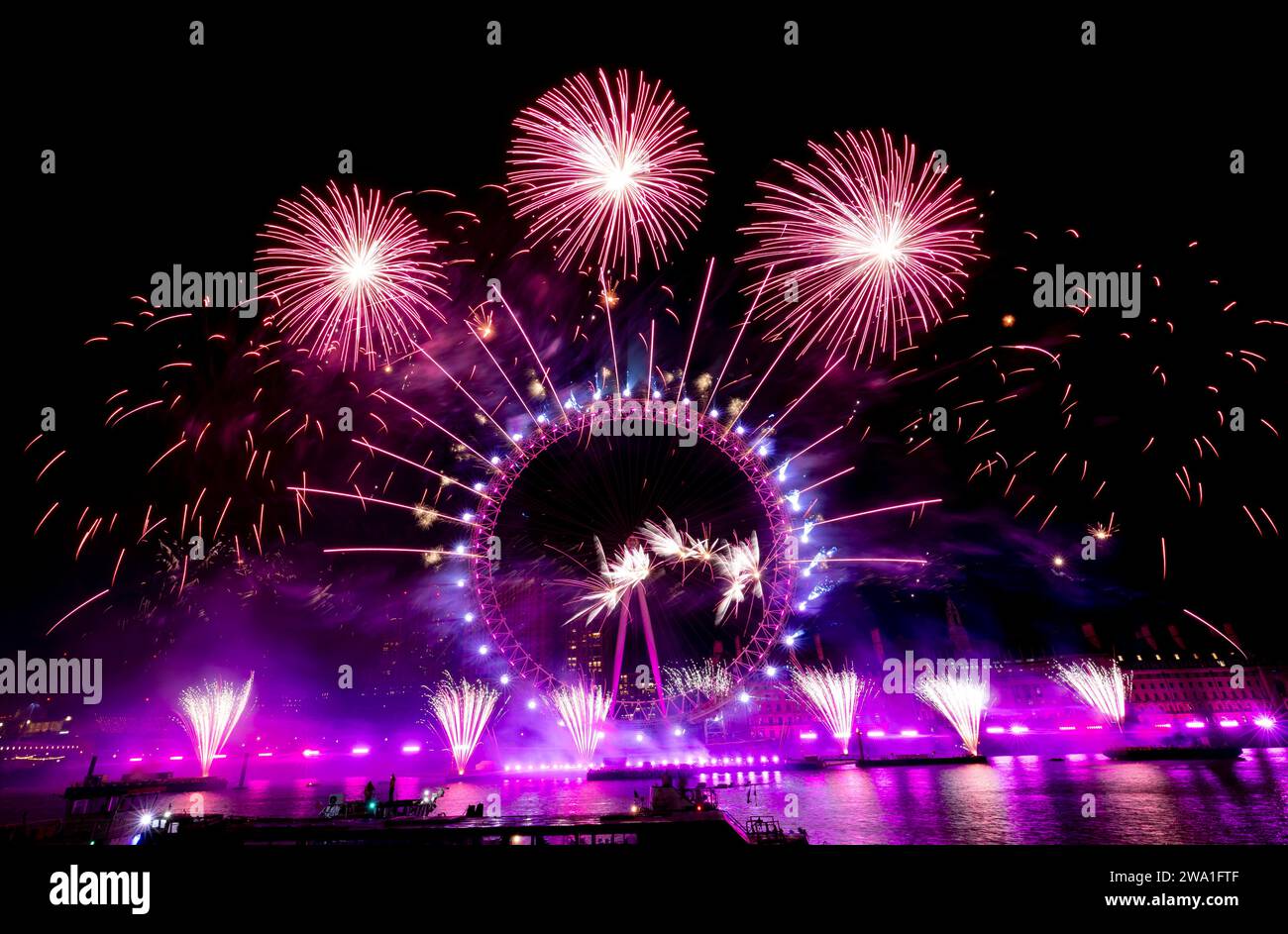 New Years firework display London 2024 at The London Eye on The River